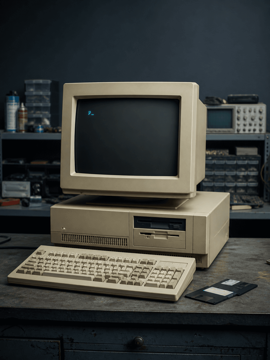 A beige desktop computer and CRT monitor on a restoration workbench
