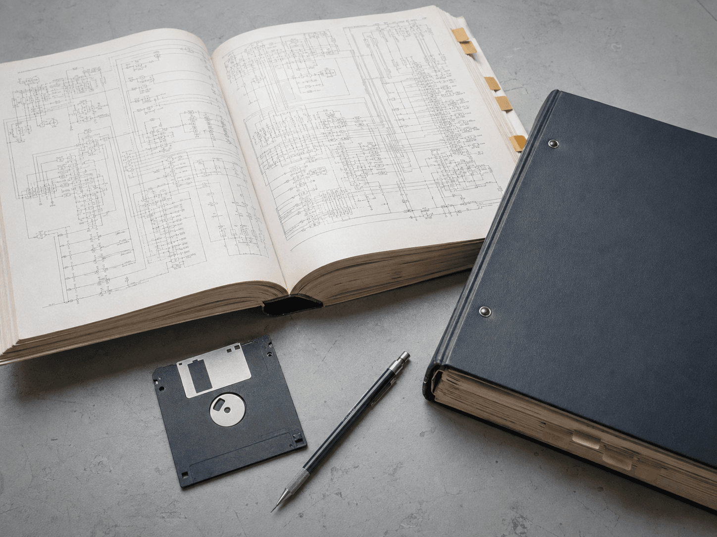 Vintage service manuals, circuit diagrams, and a floppy disk